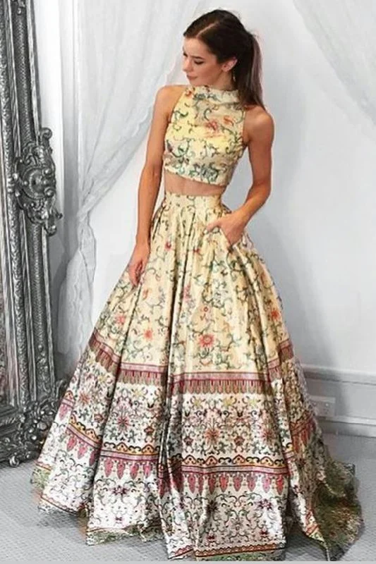 Unique A line Two Piece High Neck Tribal Satin Prom Dresses with Pockets Party Dresses Off-the-shoulder Chic Trendy