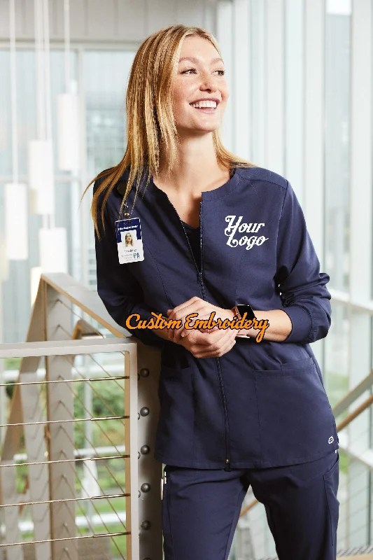 Custom Embroidery on Women's Premiere Flex Full-Zip Scrub Jacket Medical Uniform - Includes one 4in x 4in Embroidery - Free Setup Cotton Fabric Linen Fabric Terry Fabric