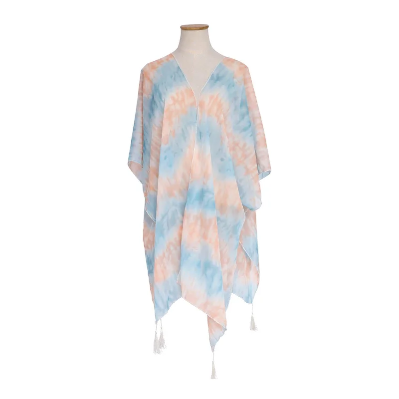 Women Loose Shawl Kimono Cardigan Boho Tops Jacket Blouse Blue Orange Handmade Hand-knitted Hand-woven