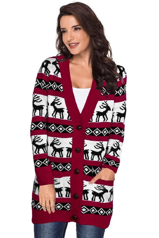 Reindeer Cardigan - Red Zippered Front Buttoned Front Snap Front