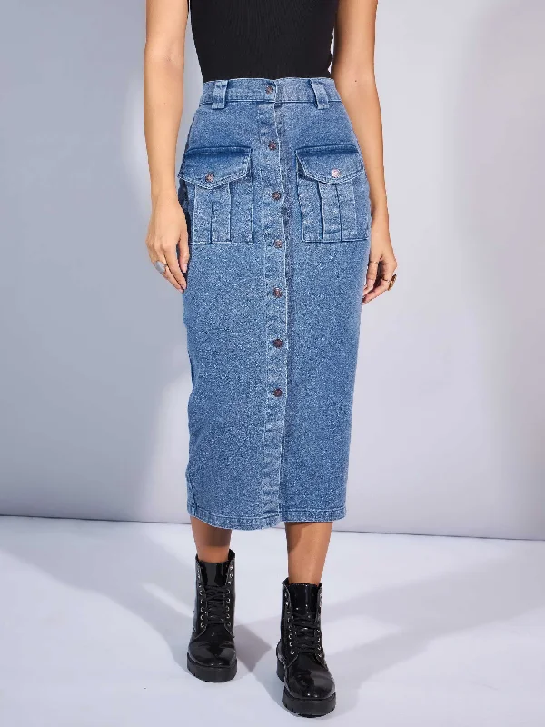 Women Blue Washed Denim Front Button Midi Skirt lightweight skirt design