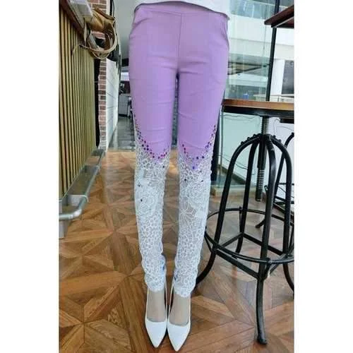 Sexy Lace Splicing Beaded Skinny Pants For Women - Violet M Formal Stretch Pants