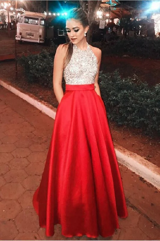 Sparkly Open Back Halter Beading Red Long Prom Dresses with Pockets Party Dresses Tunics Formal black