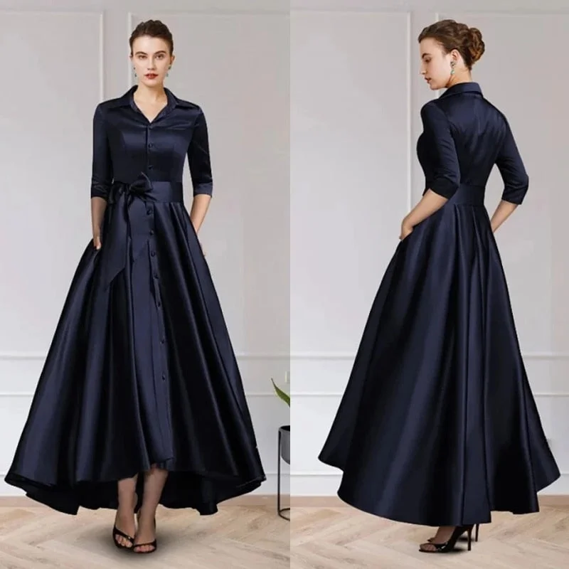 Zjkrl On Sale Charming Dark Navy Mother of the Bride Dresses with 3/4 Sleeves V Neck Bow Belt Wedding Party Dresses High Low 2023 Tunics Practical durable