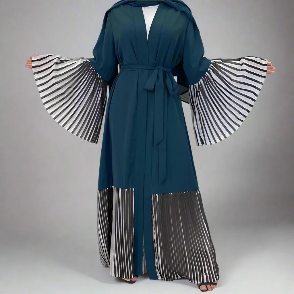 Muslim Women Pleated Cardigan Open Nida Abaya Dress Cardigan Knitwear Sweater