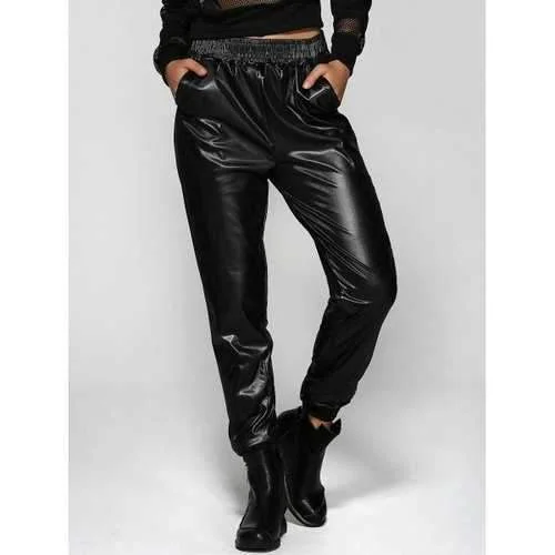 Elastic Waist Ruffled Faux Leather Jogger Pants - Black M Formal Dress Pants