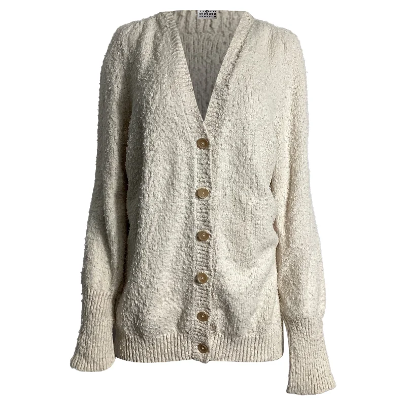 Maison Margiela Pilling Effect Knitted Cardigan in Cream Cotton Ribbed Striped Patterned