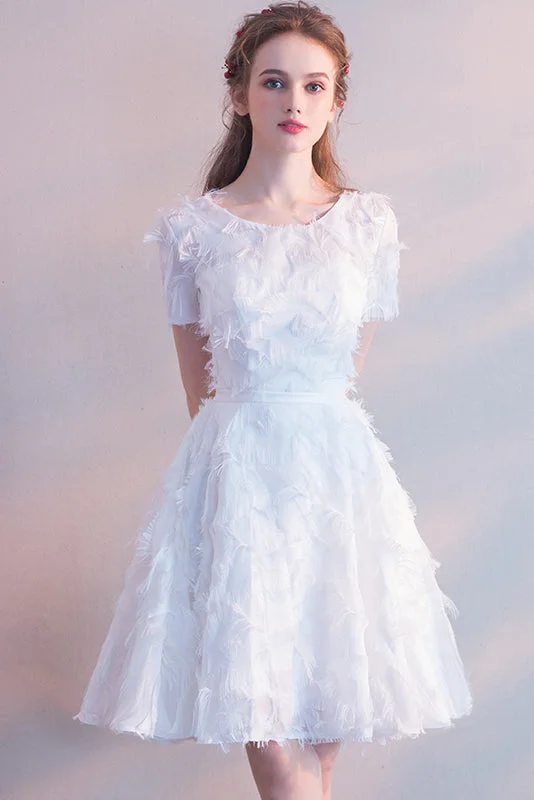 White Short Sleeves Tea-length Party Dress with Featherss Prom Dress Homecoming Dresses Tunics Custom made