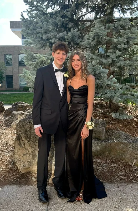 Classy Black Straps Sheath Split Satin Long Party Dress Graduation Dress, DP4800 Tunics Timeless classic