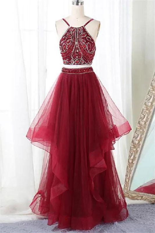 Two Piece Open Back Burgundy Beaded Tiered Skirt Prom Dresses Formal Evening Party Dress Tunics Cozy soft