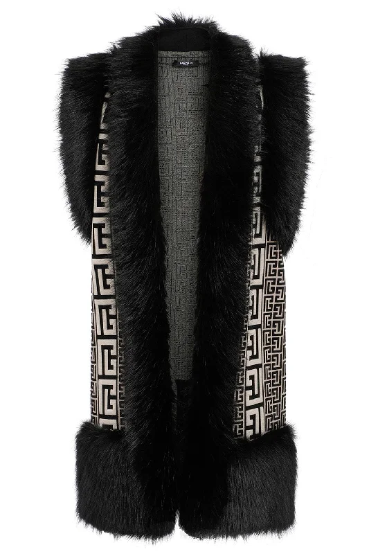 Faux Fur Long Cardigan Hooded Caped Shawl Collar