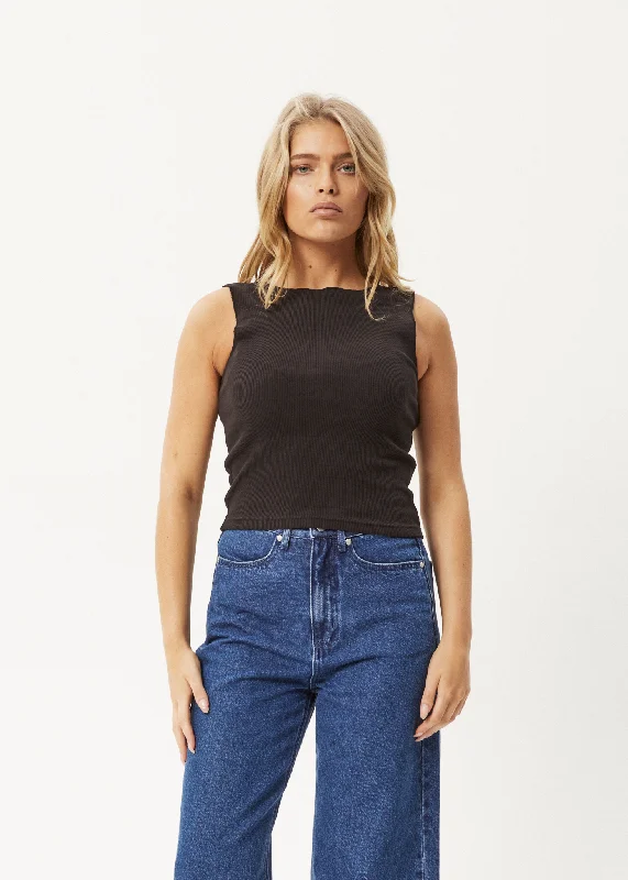 AFENDS Womens Peony - Ribbed High Neck Tank - Black long tank top