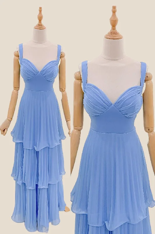 Blue Chiffon Pleated A-line Long Party Dress Tunics Trousers formal