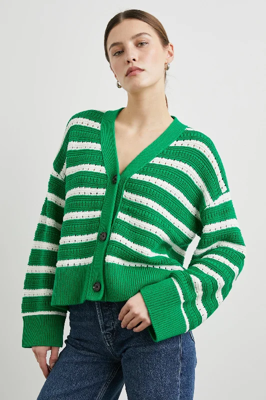 GENEVA CARDIGAN - KELLY STRIPE Lace Blend Ribbed Blend Corduroy Blend