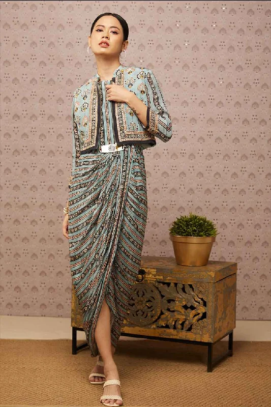 Sarouk Printed Drape Dress With Jacket Mesh Jacket Canvas Jacket Denim Jacket