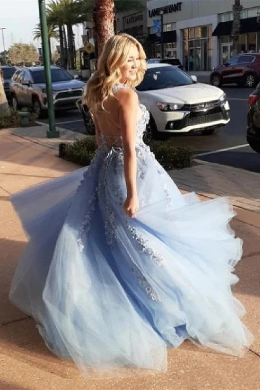 Sky Blue Party Dress A Line Floral Lace  Elegant Backless Long Prom Dress Tunics Mesh breathable