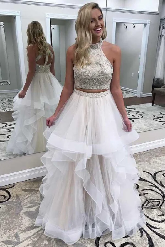 A line Ivory Beads Halter Ruffles Prom Dresses Long Open Back Party Dresses Tunics New arrival