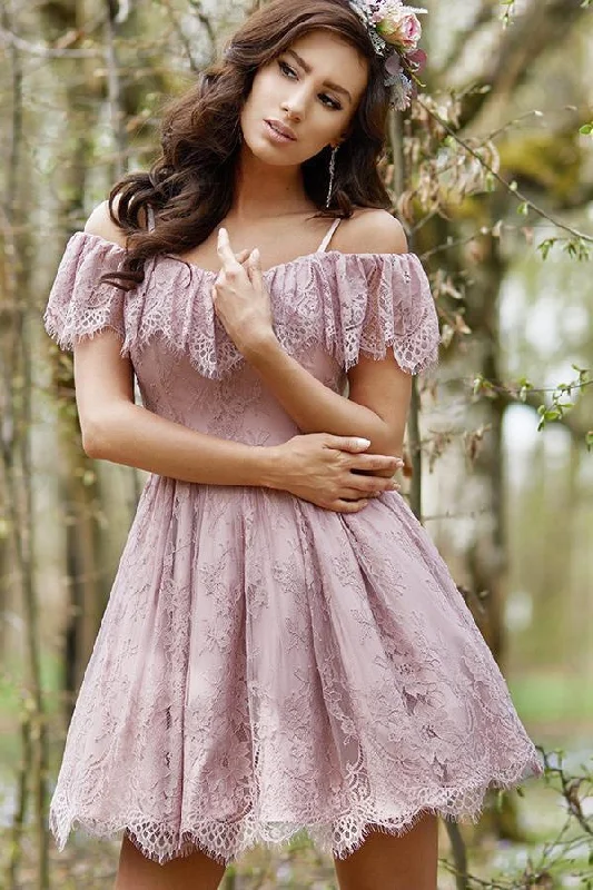 A-Line Cold Shoulder Purple Lace Homecoming Party Dress with Ruffles Prom Dresses Tunics Sophisticated sleek