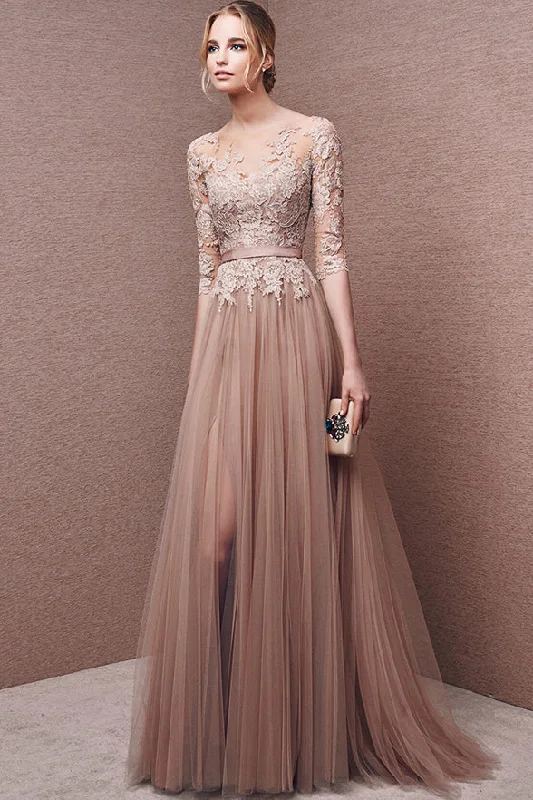 Fashion Half Sleeves Lace Tulle Open Back Prom Dress Evening Party Dress Crew Neckline Sporty