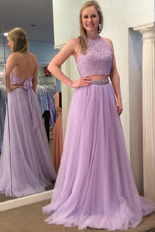 Open Back High Neck Lilac Beaded Long Two Piece Prom Dress Formal Evening Party Dresses Turtleneck Neckline Stylish