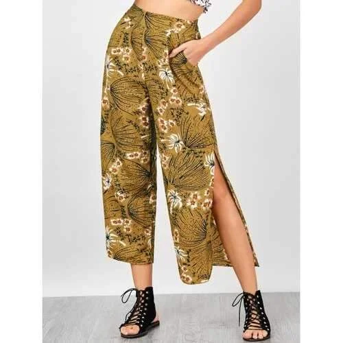 Print Side Slit Palazzo Pants - Yellow M Elegant Trouser Pants