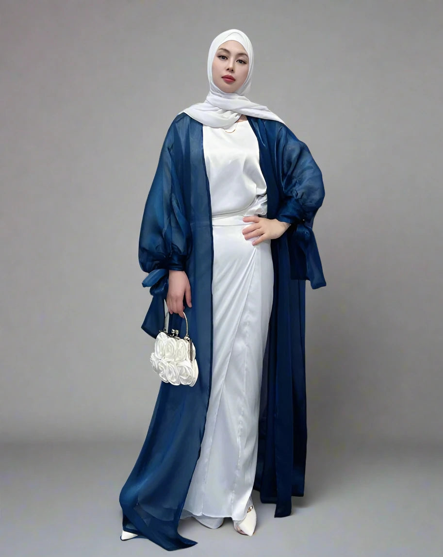 Puff Sleeve Satin Elegant Long Abaya Cardigan Open Dress Muslim Women Welt Pockets Slit Pockets Flap Pockets