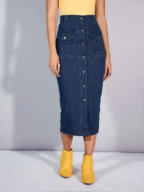 Women Blue Blast Denim Front Button Midi Skirt modal blend skirt