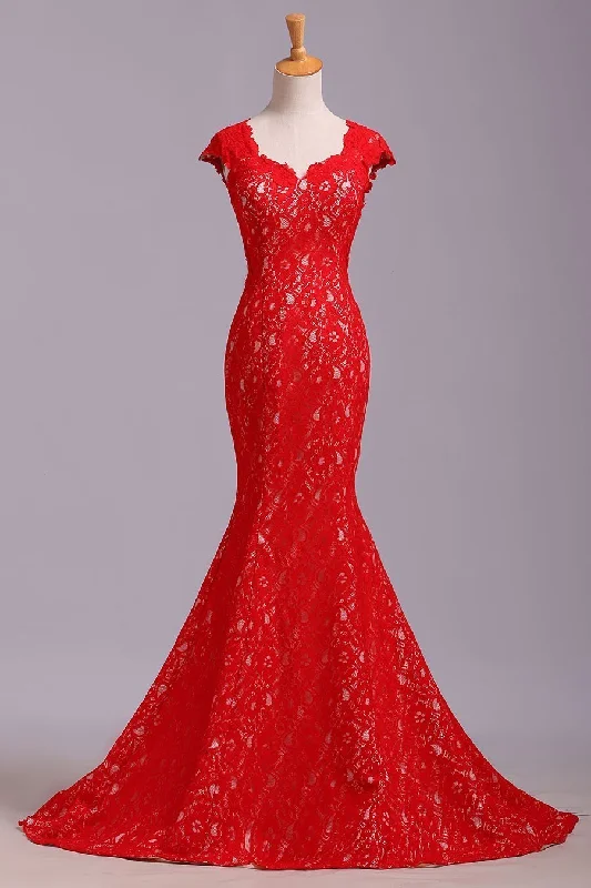 Elegant Red Sweetheart Mermaid Lace Cap Sleeve Open Back Prom Dress Party Dresses Tunics New arrival