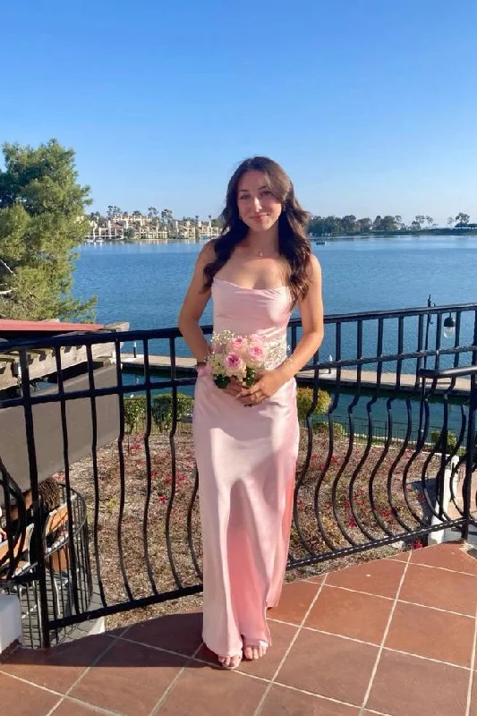 Spaghetti Straps Pink Fitted Long Party Dress with Slit Tunics Travel practical