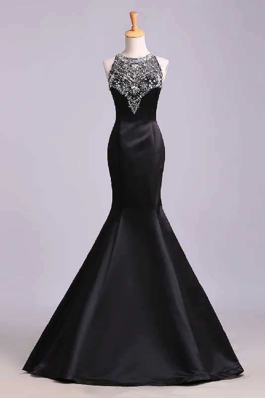 Sexy Black Mermaid Beads High Neck Satin Button Cheap Prom Dresses Party Dress Tunics Distressed trendy