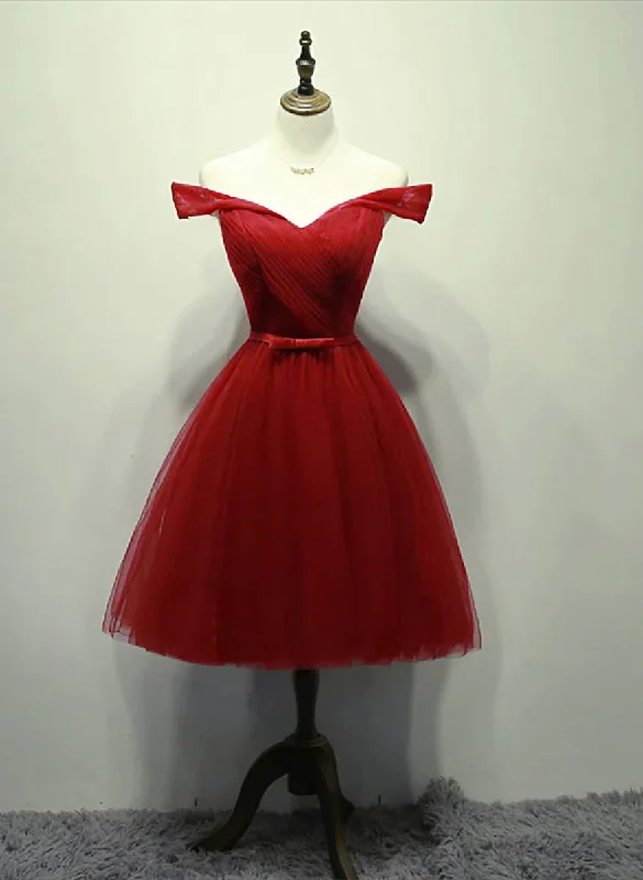 Dark Red Off the Shoulder Tulle Knee Length Party Dress, Red Homecoming Dress Pencil Length Work