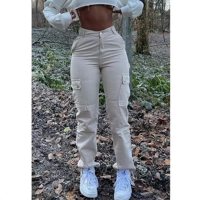 High Waist Multi Pocket Lady Pants Casual Sweatpants Style