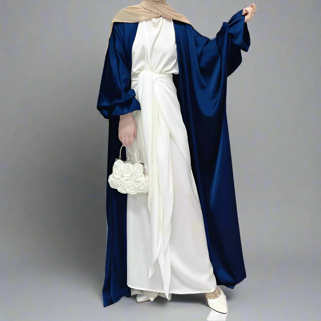 Puff Sleeve Satin Cardigan Open Abaya Dress Muslim Women Tailored Straight A-Line