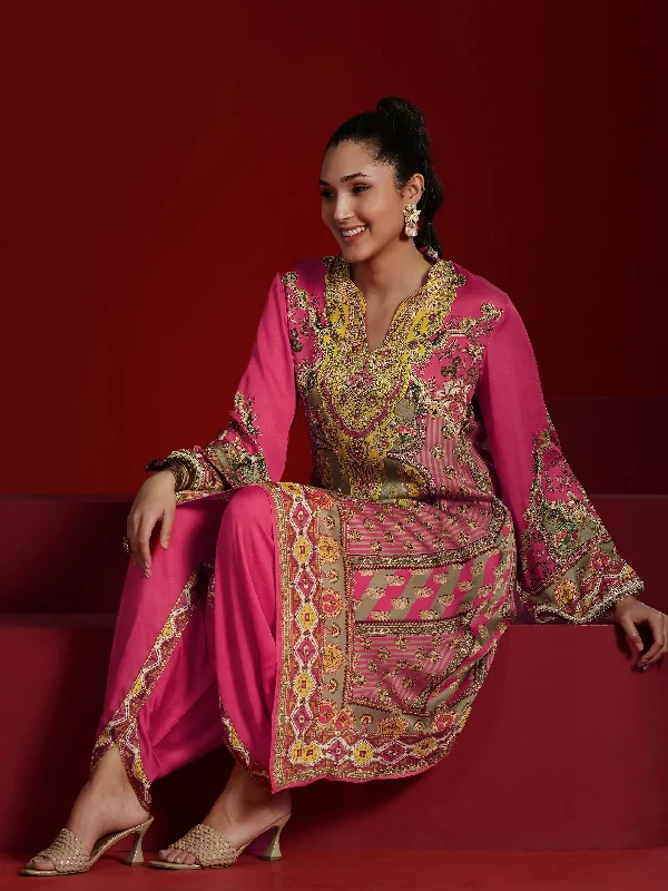 Libas Art Coral Printed Silk Blend Straight Kurta Dhoti Pants Elegant Palazzo Trousers