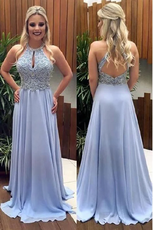 Fashion Open Back Lilac Chiffon Beaded Halter Long Prom Dresses Formal Evening Party Dress High-Low Hemline Casual