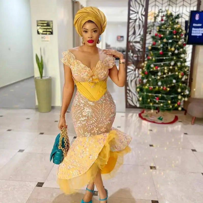 Zjkrl  -  Saudi Arabia Yellow Lace Prom Dresses Sheer Neck Cap Sleeve Aso Ebi Style Evening Gowns Tea Length African Women Party Dresses Tunics Brand named