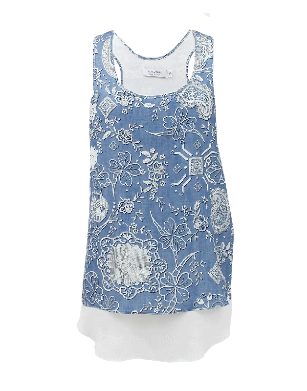 Sleeveless Racer Back Print Lace Tank white tank top