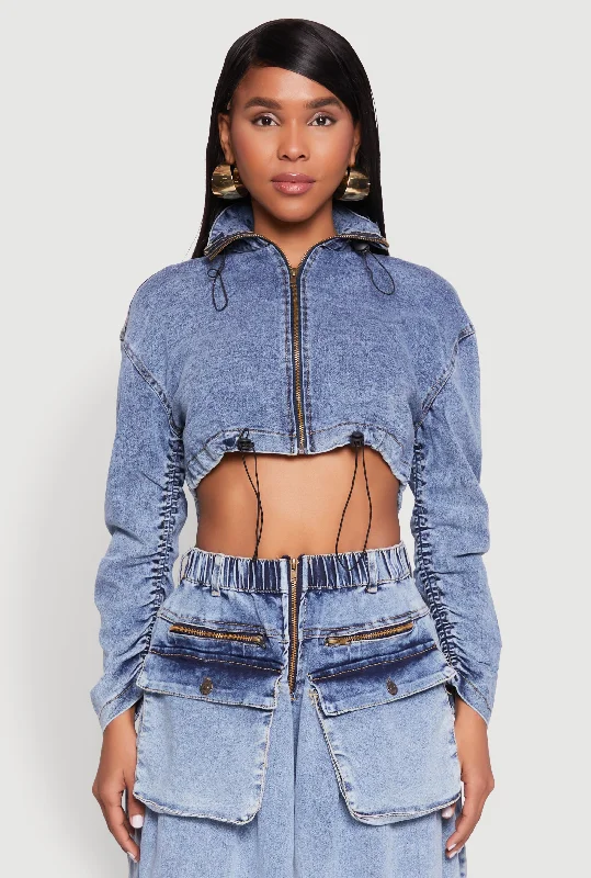 Mineral Wash Zip Front Cropped Denim Jacket Zip Front Button Front Snap Front