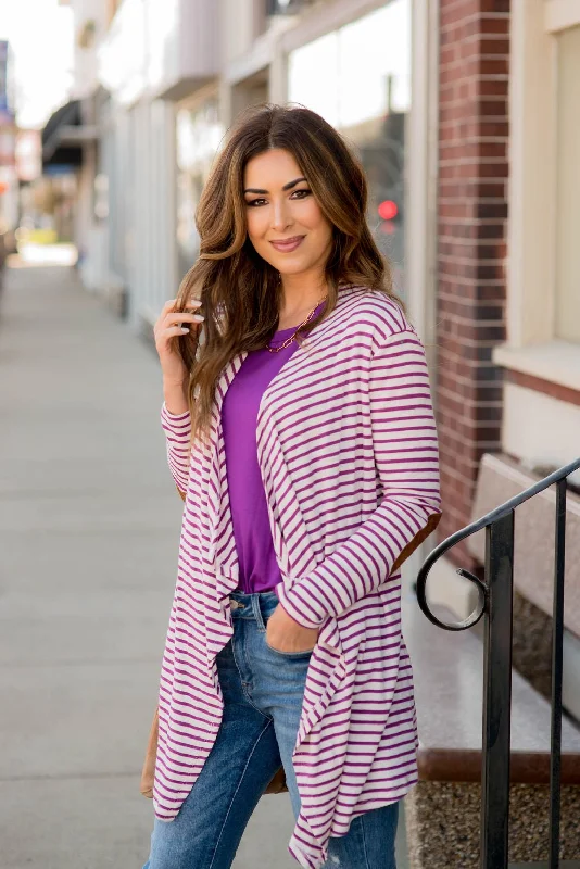Striped Waterfall Elbow Patch Cardigan Machine Wash Dry Clean Hand Wash