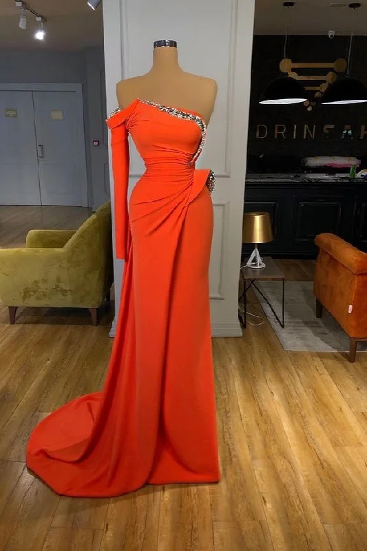 Mermaid Fashion Party Dress Orange Long Sleeves Prom Dress With Sequins Crew Neckline Sporty