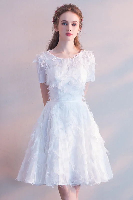 White Short Sleeves Tea-length Party Dress with Featherss Homecoming Dresses Tunics Brand named