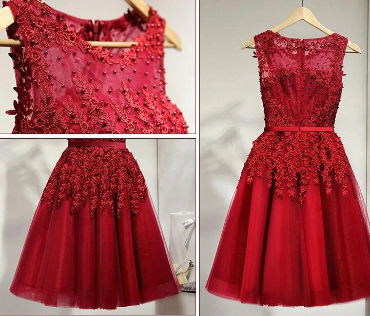 Dark Red Tulle Knee Length Party Dress, Wine Red Homecoming Dress Satin Halter Glamorous