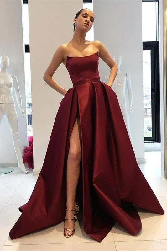 Burgundy Party Dress A-Line Strapless Mermaid Prom Dress With Front Split Tunics Distressed trendy