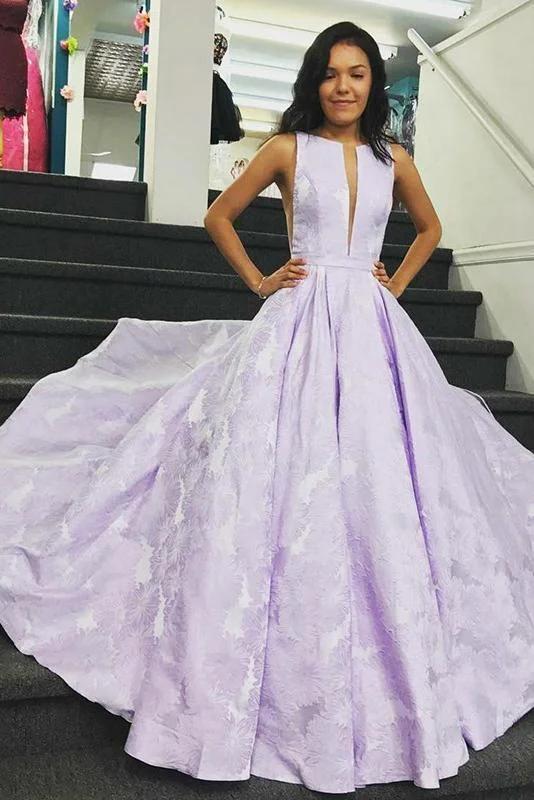 Elegant A-Line Bateau Sleeveless Lilac Floral Satin Prom Dress Long Party Dresses Peplum Ruffle Cocktail
