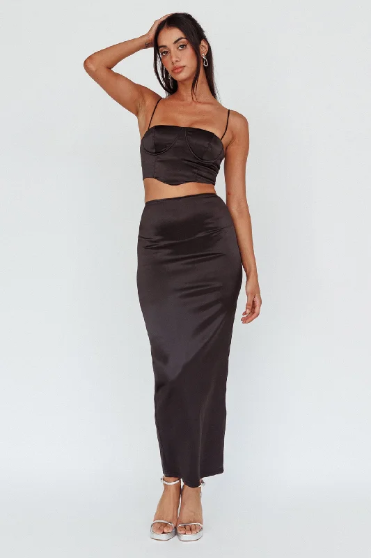 Zeina Satin Midi Skirt Black asymmetrical skirt cut