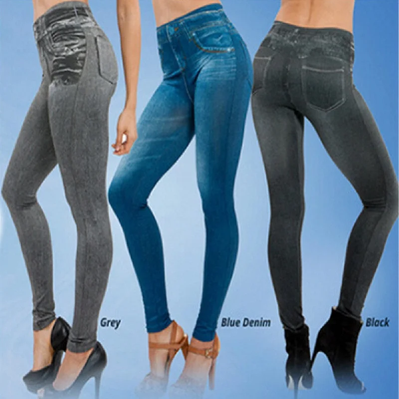 Faux Denim Mid Waist Velvet Skinny Pants with Pockets (3 colors) Chic Black Leggings