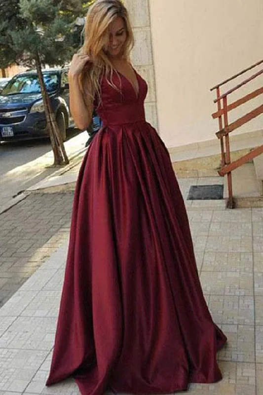 Elegant V Neck Burgundy Floor Length Prom Dress Evening Gowns Party Dresses empire Waist empire