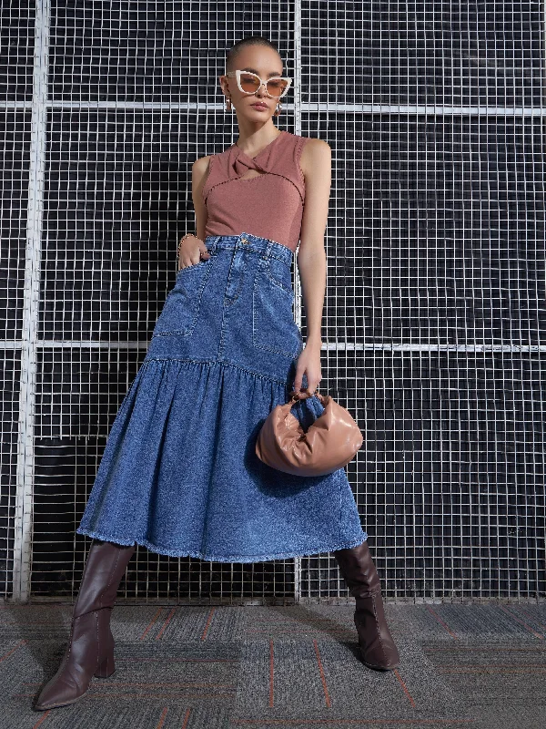 Women Blue Blast Denim Flared Midi Skirt linen skirt breathable