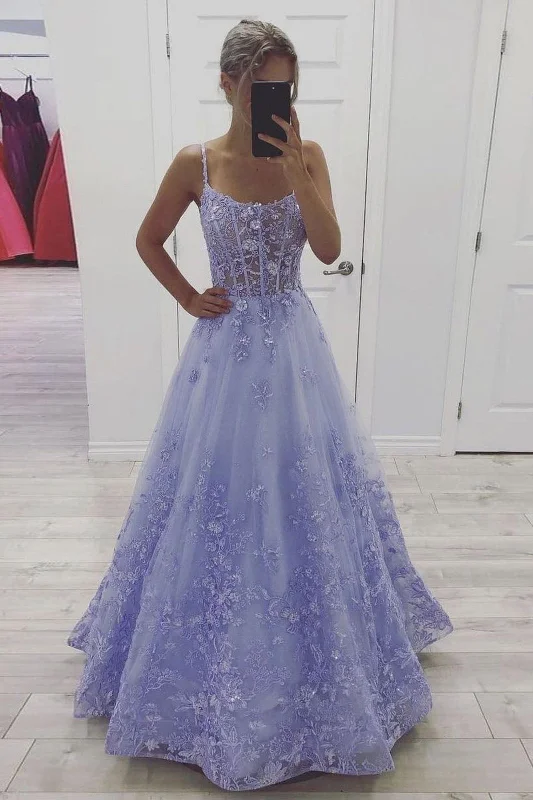 Lavender A line Tulle Lace Appliques  Evening Party Dress Long Prom Dress Tunics Sophisticated sleek
