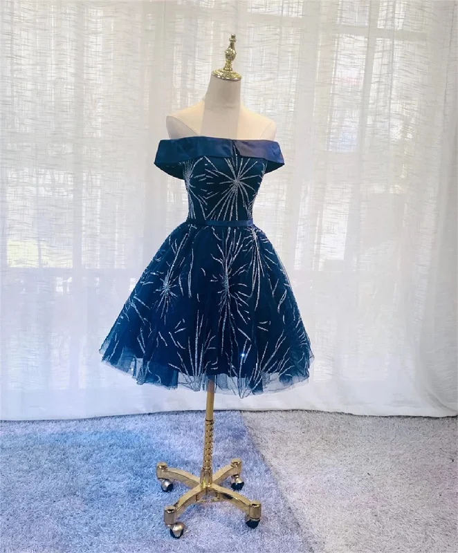 Dark Blue Tulle Off Shoulder Knee Length Party Dress, Blue Homecoming Dresses Glittery Long Formal